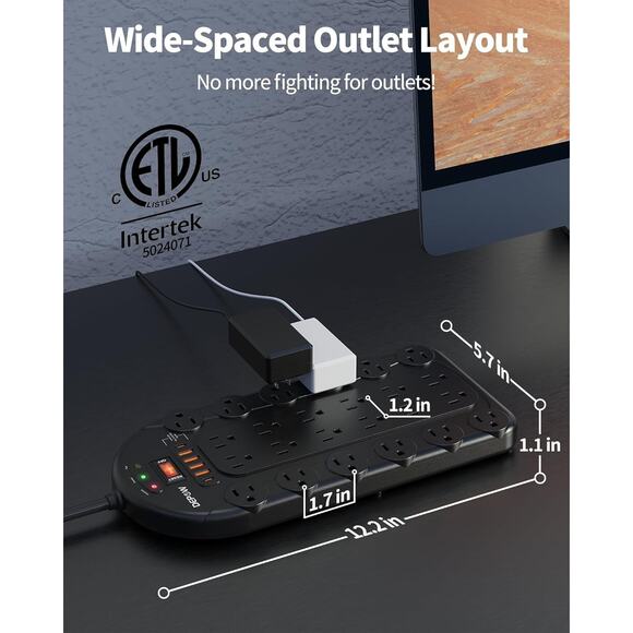 15Ft Power Strip Surge Protector, 3,400 Joules, DEPOW 24 AC Outlets, 6 USB - Picture 4 of 6